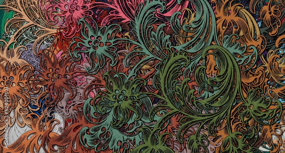 abstract floral psychedelic background stylization of colored chaotic stickers in the form of leaves..