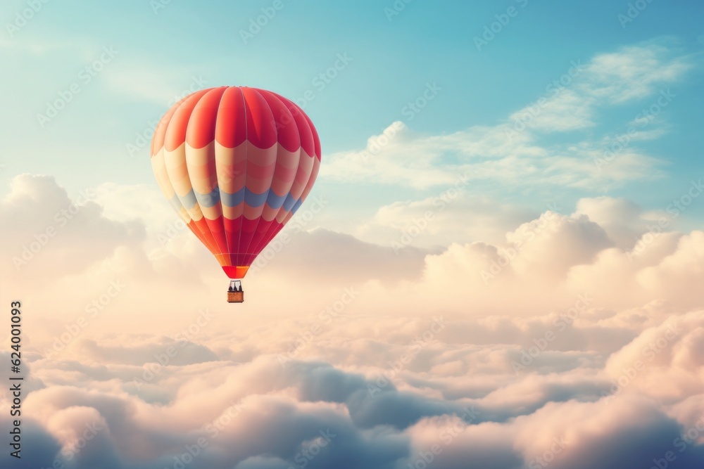 Fototapeta premium Hot air balloon heading towards the clouds in the sky.