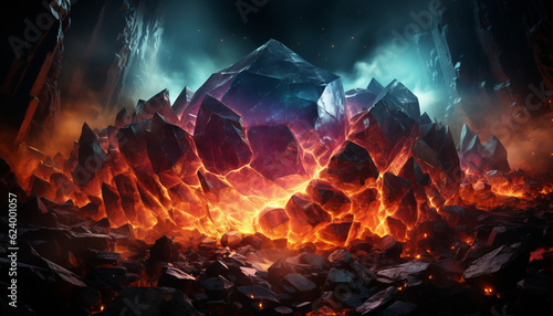 fire burning on an ancient stone in the dark night, in the style of terragen, detailed character illustrations, spiky mounds, crystalcore, vibrant chaos, intel core, gemstone