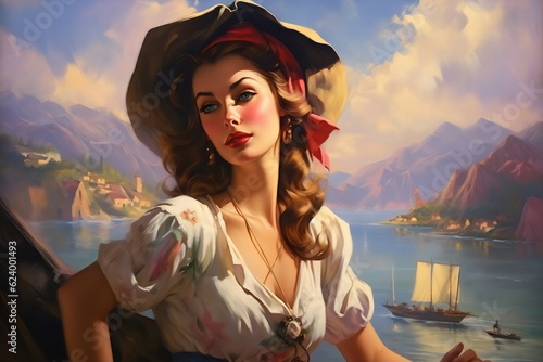 Vászonkép vintage painting of beautiful pirate wench woman in romance novel cover style, m