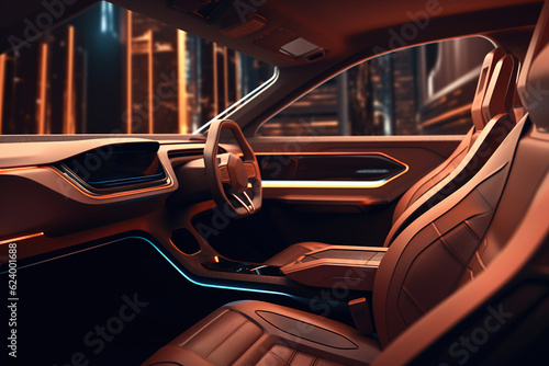 Brown car interior of future, futuristic design inside vehicle