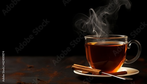 A glass of freshly brewed black tea,escaping steam,warm soft light, darker background. copy space