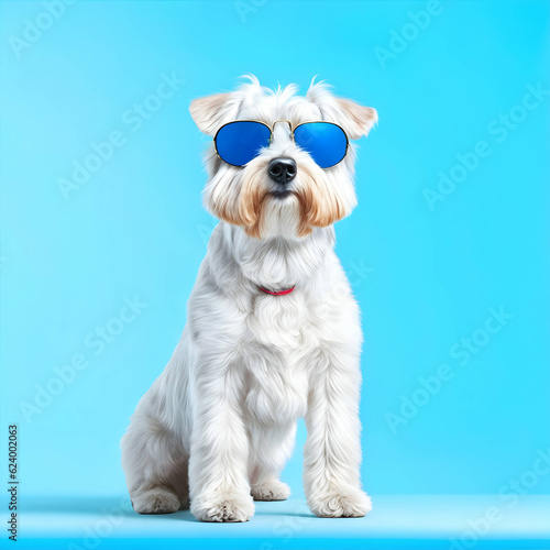 white dog wearing sunglasses with blue background © vinothraj