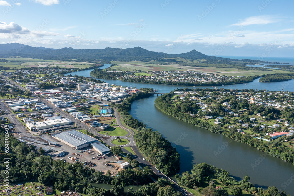 Aerial view of the town of  Innisfail on the Johnstone river in north Queensland, Australia.