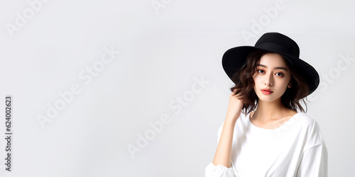 Asian woman with a white shirt and white background