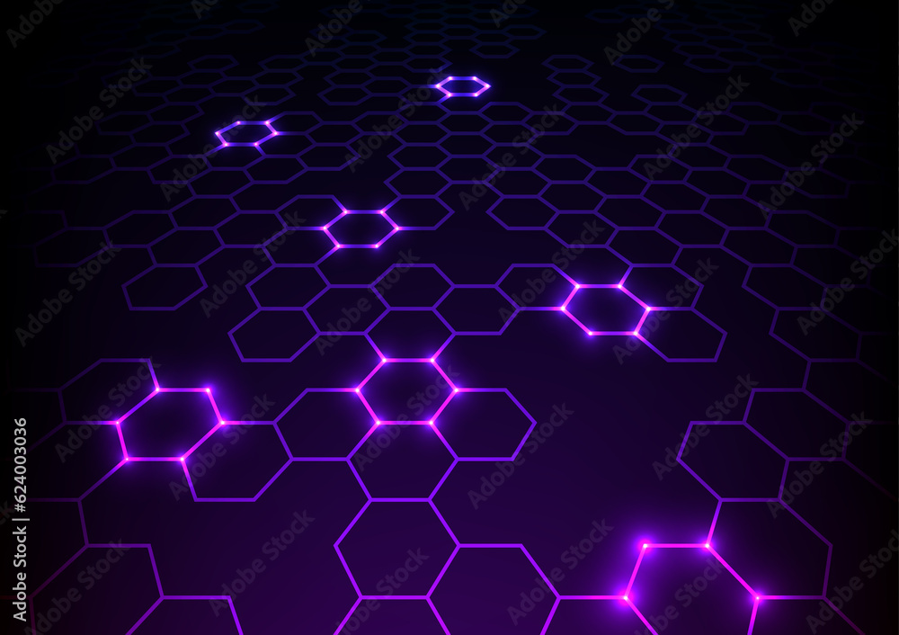 Digital technology hexagon neon purple light line background Digital technology hexagon neon purple light line background