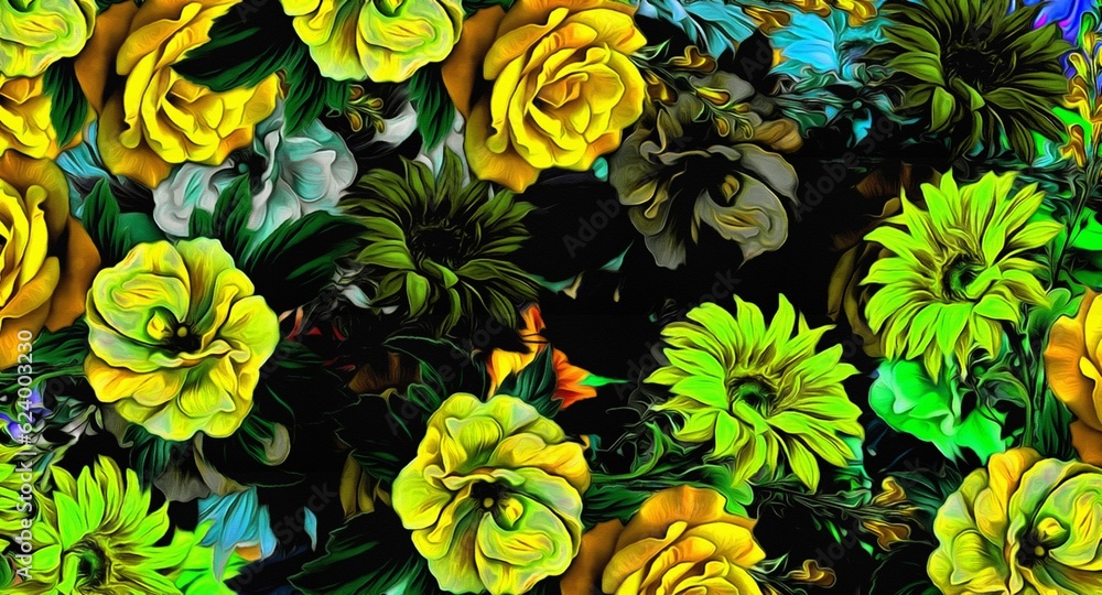 Computer graphics of abstract floral psychedelic background stylization of colored chaotic stickers in the form of leaves