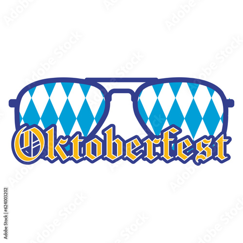 Logo festival de la cerveza alemana. Letras de la palabra Oktoberfest con gafas de sol con patrón con colores de la bandera de Baviera