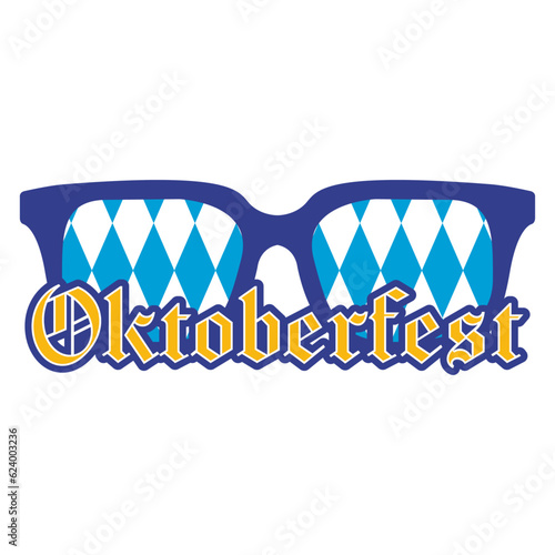 Logo festival de la cerveza alemana. Letras de la palabra Oktoberfest con gafas de sol con patrón con colores de la bandera de Baviera