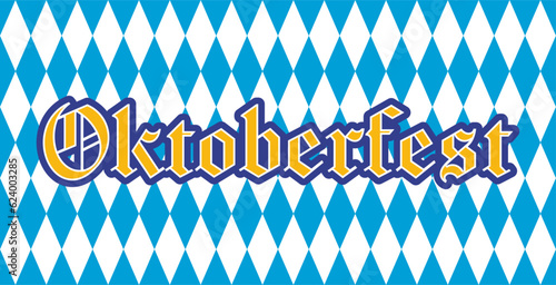 Logo festival de la cerveza alemana. Letras de la palabra Oktoberfest en fondo con patrón con colores de la bandera de Baviera