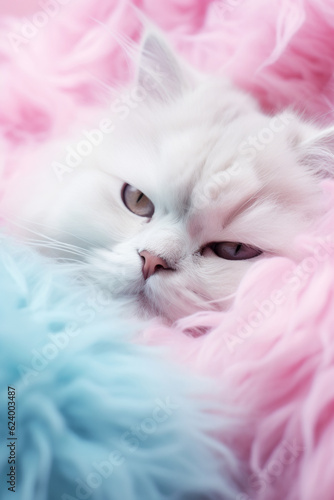 Colorful pastel background with beautiful cat and cotton. Creative animal love concept