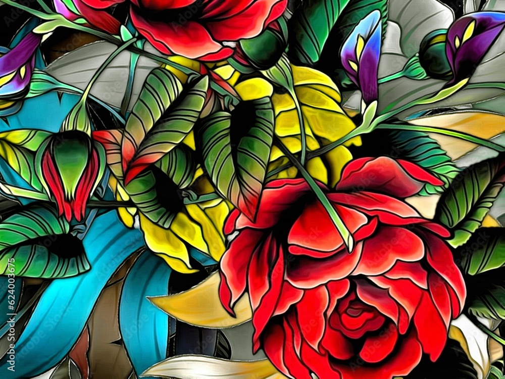 Computer graphics of abstract floral psychedelic background stylization of colored chaotic stickers in the form of leaves