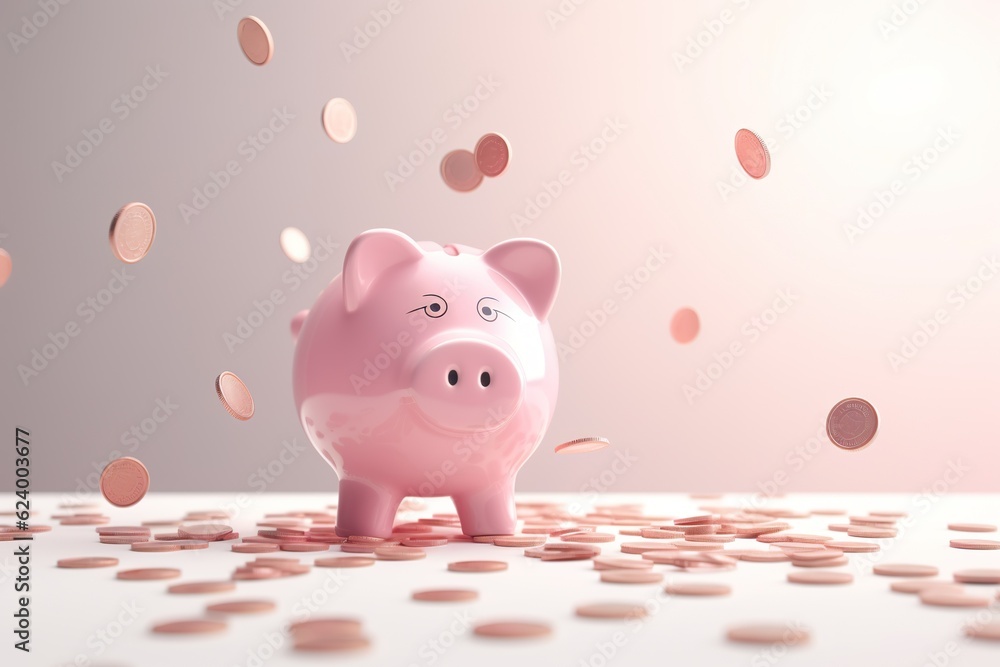 Coins falling to a pastel color piggy saving , Financial and money deposit concept pastel background Coins falling to a pastel color piggy saving , Financial and money deposit concept pastel background