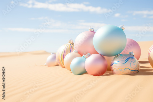 Colorful christmas baubles immersed in the sand in the desert. New year pastel season concept photo