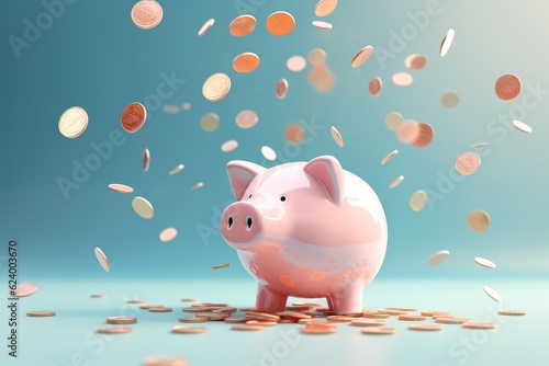 Coins falling to a pastel color piggy saving , Financial and money deposit concept pastel background