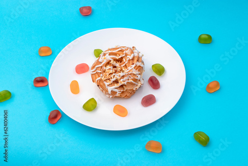 Food, donuts, sweets, custard, on a clean background, blue, banner, peach, pastries, decorative pastries, sweet, tasty, on a plate, on a plate