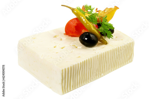 Whole Feta Cheese with Olive and Vegetables  - Transparent PNG Background