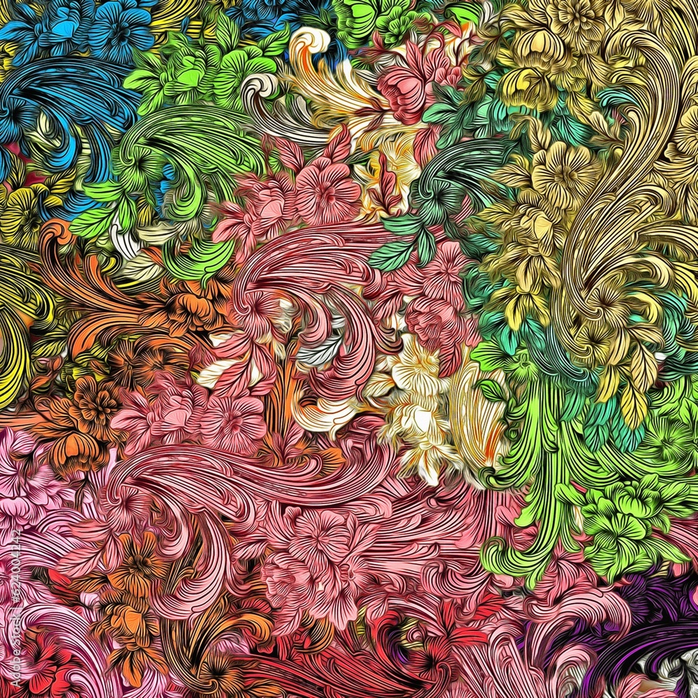 Computer graphics of abstract floral psychedelic background stylization of colored chaotic stickers in the form of leaves