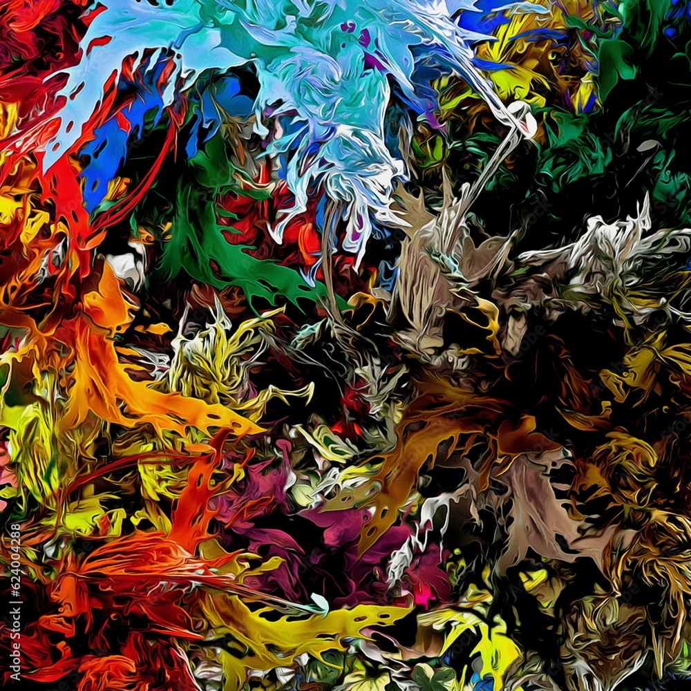Abstract psychedelic fractal background of stylized watercolor illustration, colored chaotically blurred spots and paint strokes of different sizes and shapes