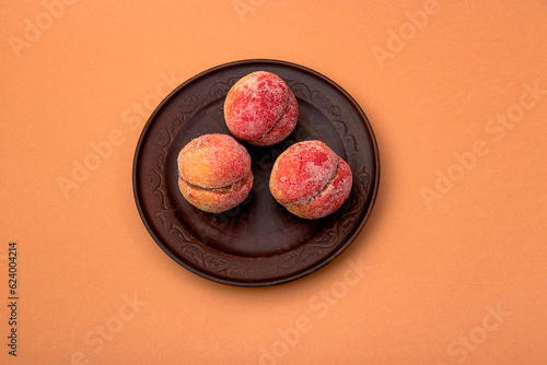food, donuts, sweets, custard, on a clean background, brown, banner, peach, pastries, decorative pastries, sweet, tasty, on a plate,