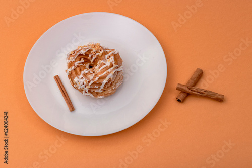 food, donuts, sweets, custard, on a clean background, brown, banner, peach, pastries, decorative pastries, sweet, tasty, on a plate,