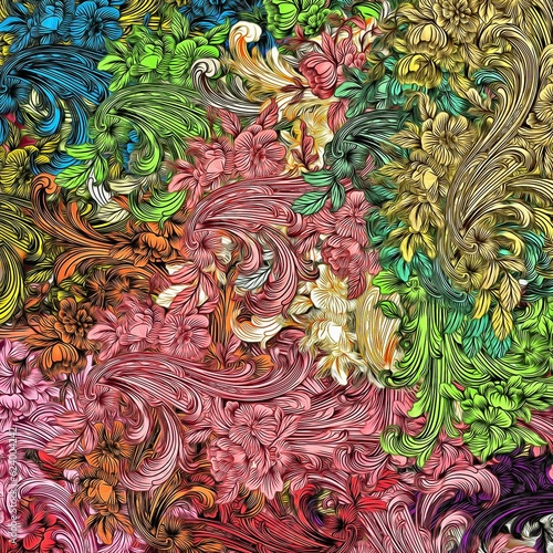 Obraz na płótnie Computer graphics of abstract floral psychedelic background stylization of colored chaotic stickers in the form of leaves w salonie