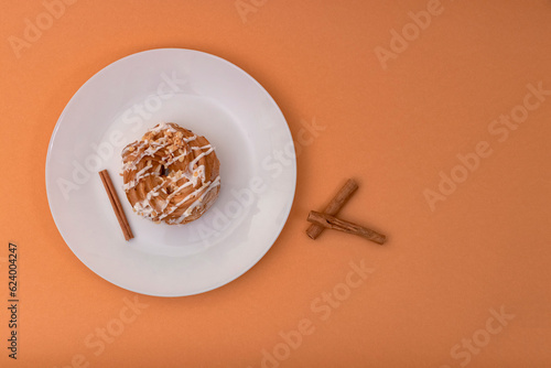 food, donuts, sweets, custard, on a clean background, brown, banner, peach, pastries, decorative pastries, sweet, tasty, on a plate,