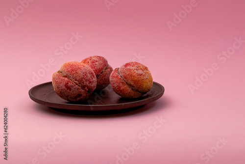 Food, donuts, sweets, custard, on a clean background, pink, banner, peach, pastries, decorative pastries, sweet, tasty, on a plate,