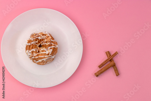 Food, donuts, sweets, custard, on a clean background, pink, banner, peach, pastries, decorative pastries, sweet, tasty, on a plate,