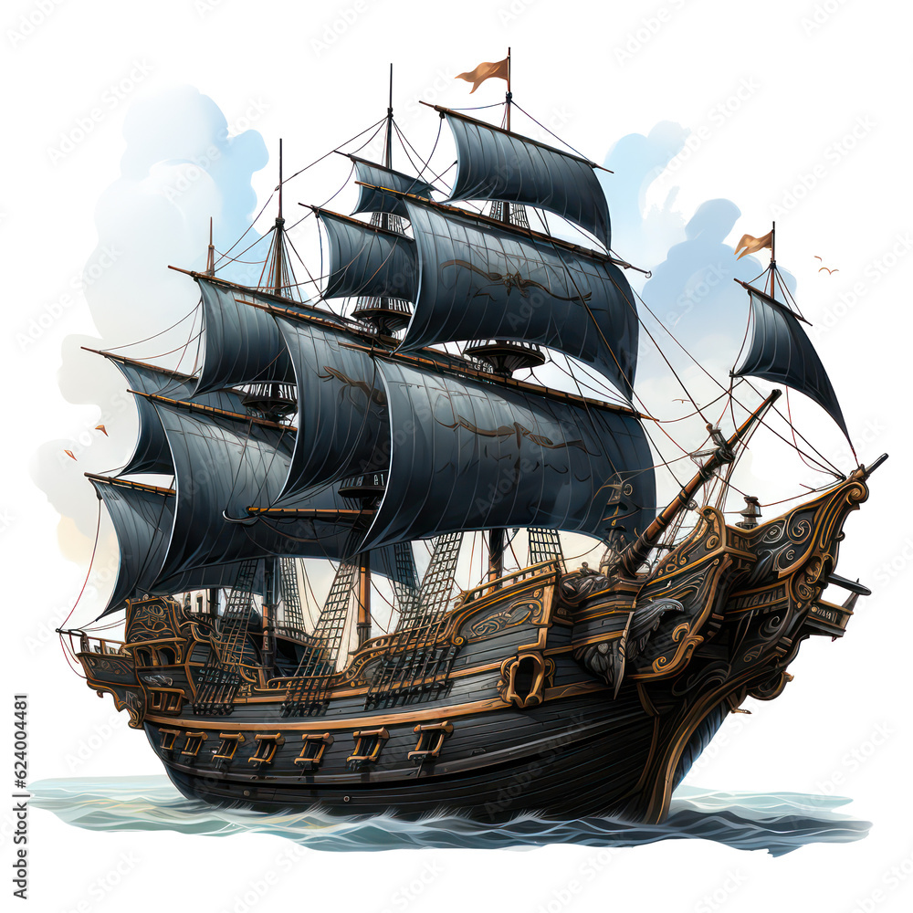 Obraz premium wooden pirate boat with black sails tranparent