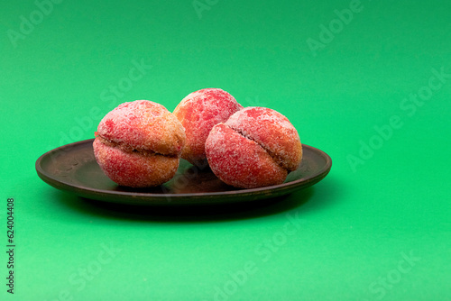 food, donuts, sweets, custard, on a clean background, green, banner, peach, pastries, decorative pastries, sweet, tasty, on a plate,
