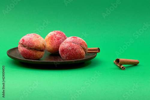 food, donuts, sweets, custard, on a clean background, green, banner, peach, pastries, decorative pastries, sweet, tasty, on a plate,
