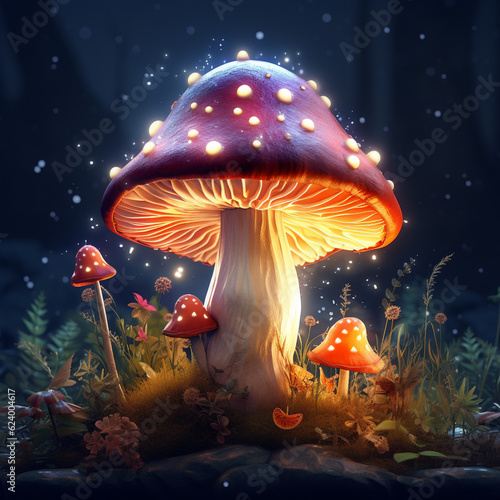 Glowing magic mushroom in the forest
