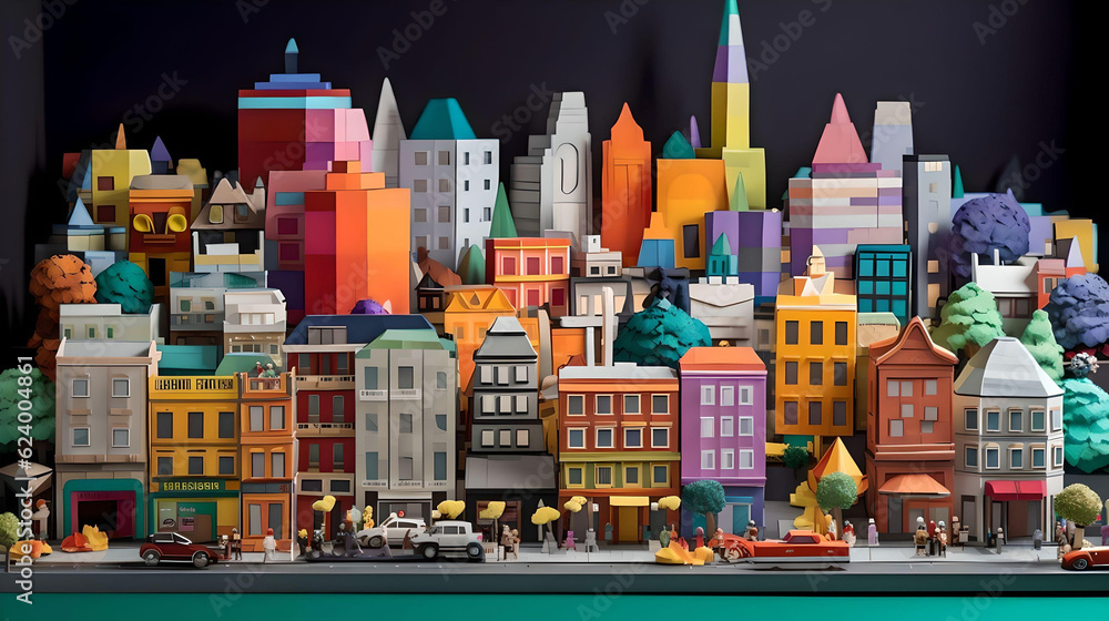 An intricate papercraft diorama depicting a cityscape colorful