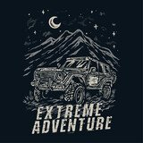 Extreme sports adventure dirt car suv with a vintage style illustration