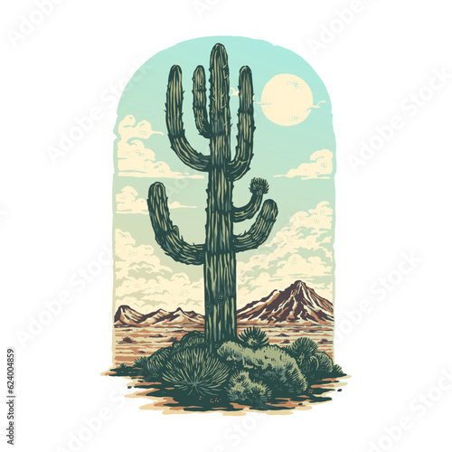 A big cactus on the wild west desert landscape with a cartoon vintage style illustration