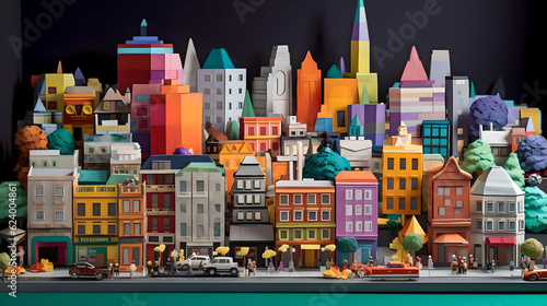 An intricate papercraft diorama depicting a cityscape colorful