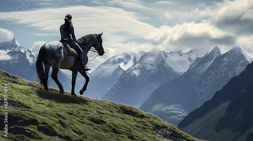 Person on the top of mountain on a Horse, Female rider, Woman Amazone © PHdJ