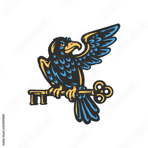 The cartoon crow raven with a golden key illustration
