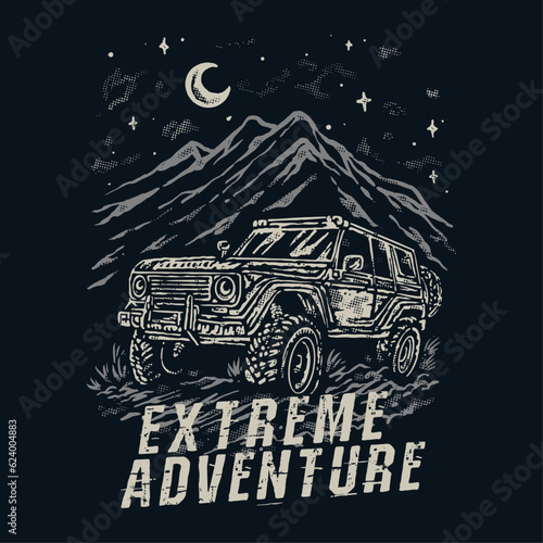 Extreme sports adventure dirt car suv with a vintage style illustration