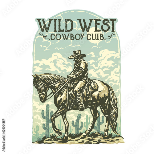 Cowboy bandit riding a horse on a wild west desert landscape