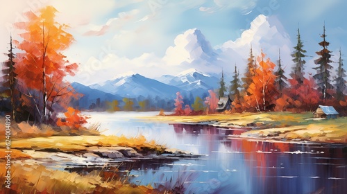 Beautiful Autumn cartoon landscape illustrations,AI generated. 