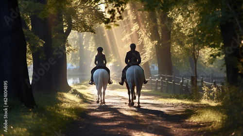 Photo Two people in Park riding a horse, forest road, sunshine