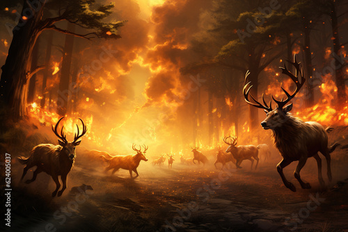 Animals run from the burning forest. Natural and ecological disaster, forest fire illustration