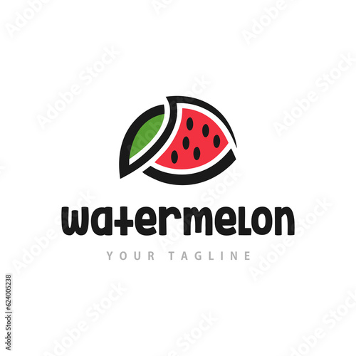 Watermelon logo with natural leaf, isolated white background, simple flat design template vector illustration