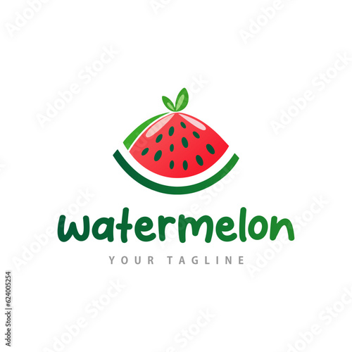 Watermelon logo with natural leaf, isolated white background, simple modern flat design template vector illustration