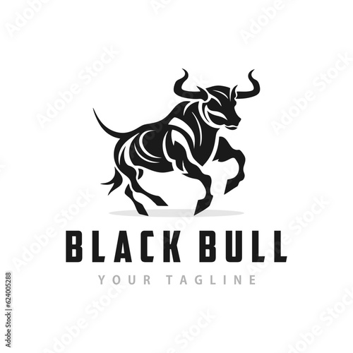Bull logo, running black bull design, creative silhouette, isolated white background, classic design template vector illustration