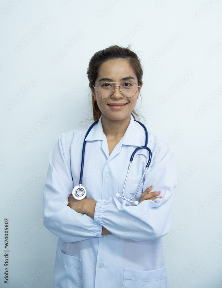 Smart medicine doctor in uniform on white background in the hospital.