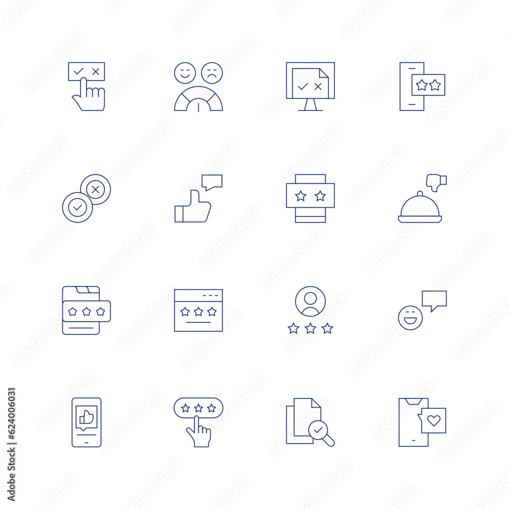 Feedback line icon set on transparent background with editable stroke. Containing choice, satisfaction, computer, smartphone, evaluation, thumbs up, rating, thumbs down, review, good review, like.