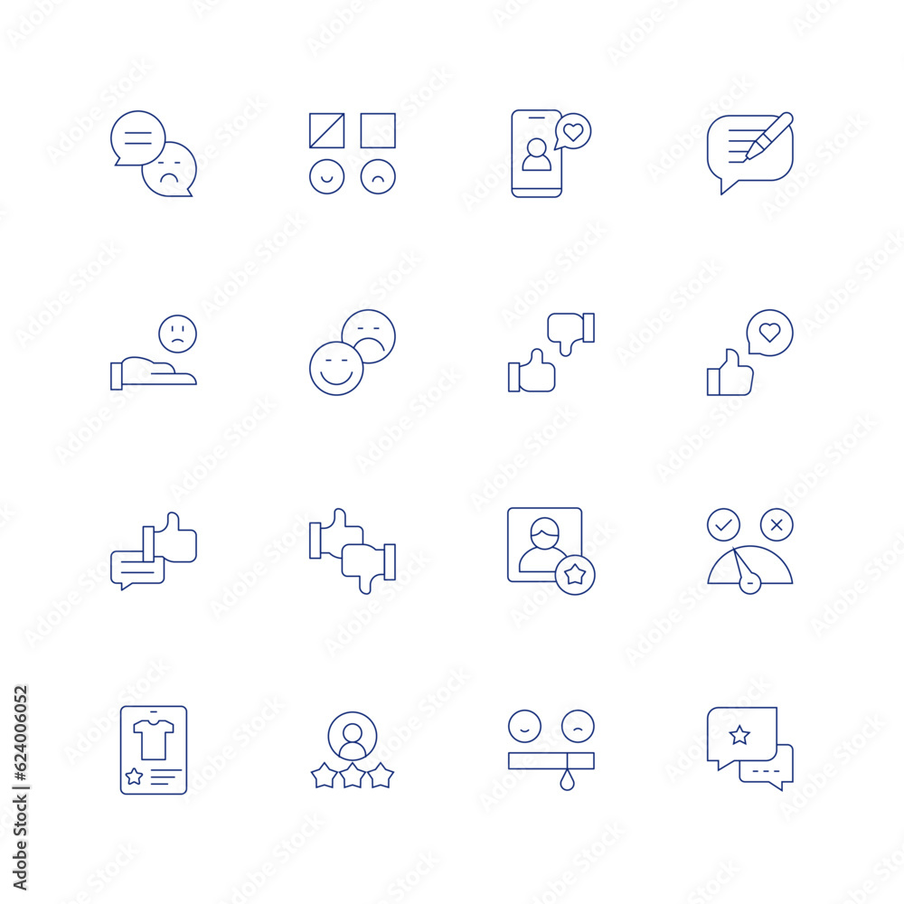 Feedback line icon set on transparent background with editable stroke. Containing review, feedback, write, sad, evaluation, rating, like, best employee, meter, positive review, survey, opinion.
